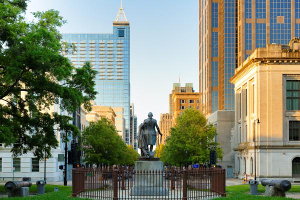 George Washington Statue outside the Capitol building at Union Square in Raleigh at sunset